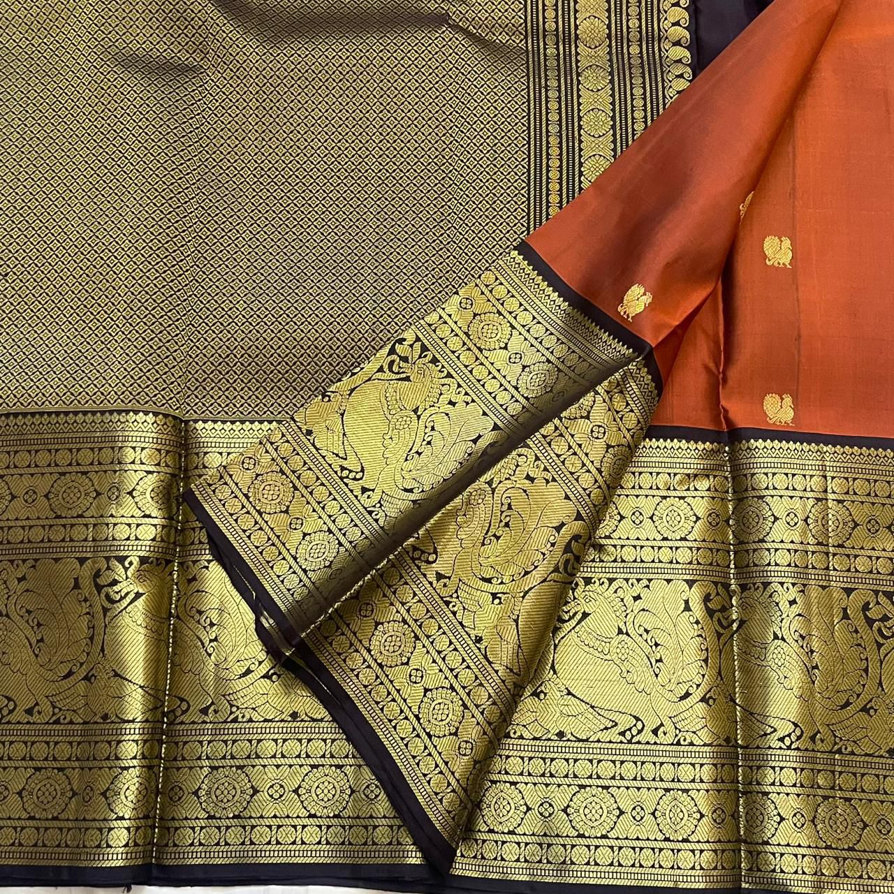 Rust Orange Pure Handloom Bridal Kanchipuram Silk Saree